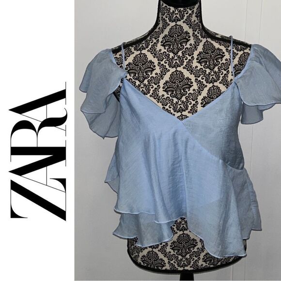 Zara Women’s Baby Blue Flutter Sleeve Off-Shoulder Ruffled Blouse - Size S - Picture 2 of 3